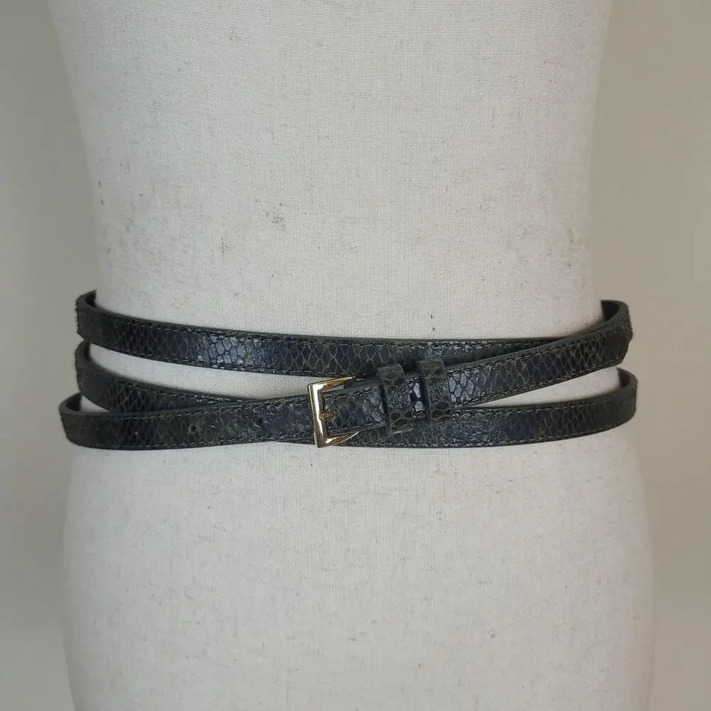 Banana Republic Belt Small Green Leather Snakeski Animal Print Thin Skinny Wrap